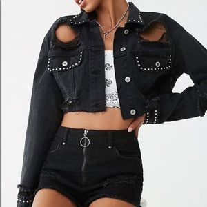 Forever 21 Distressed Cropped Studded Denim Jacket